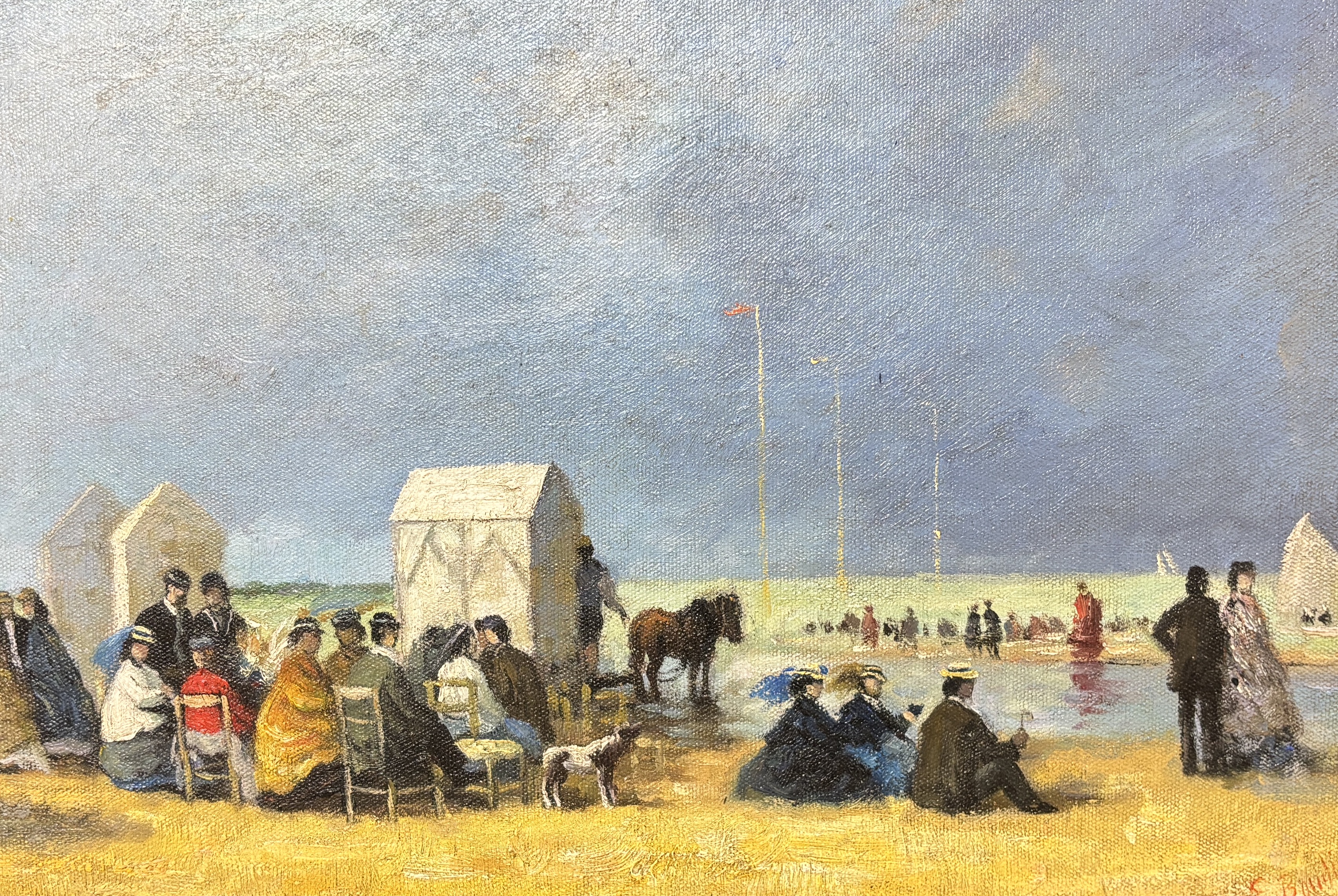 Manner of Eugenie Boudin (French, 1824-1898), Impressionist oil on canvas board, Beach scene with figures, 27 x 40cm